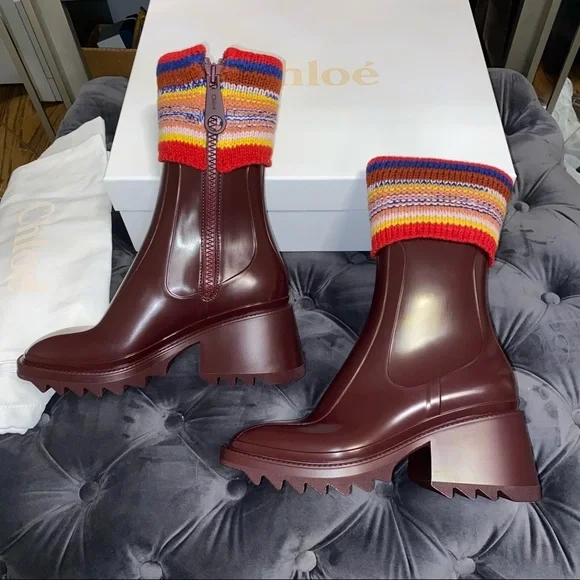 New Size 38 Chloe Betty Rain Boots Burgundy - Picture 3 of 6